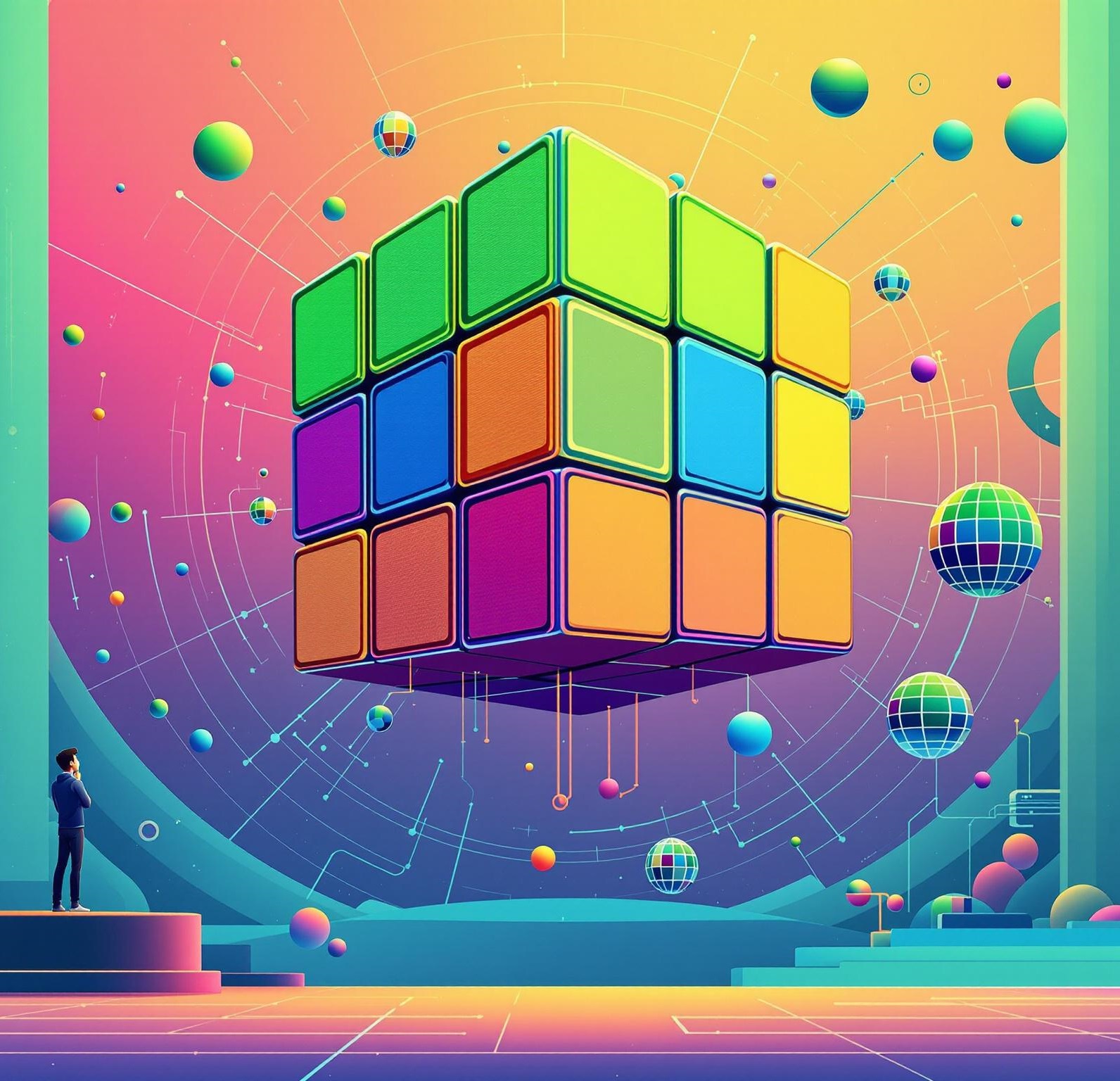 ​​A cube suspended in the cloud, composed of smaller units, each with their specialized purpose.